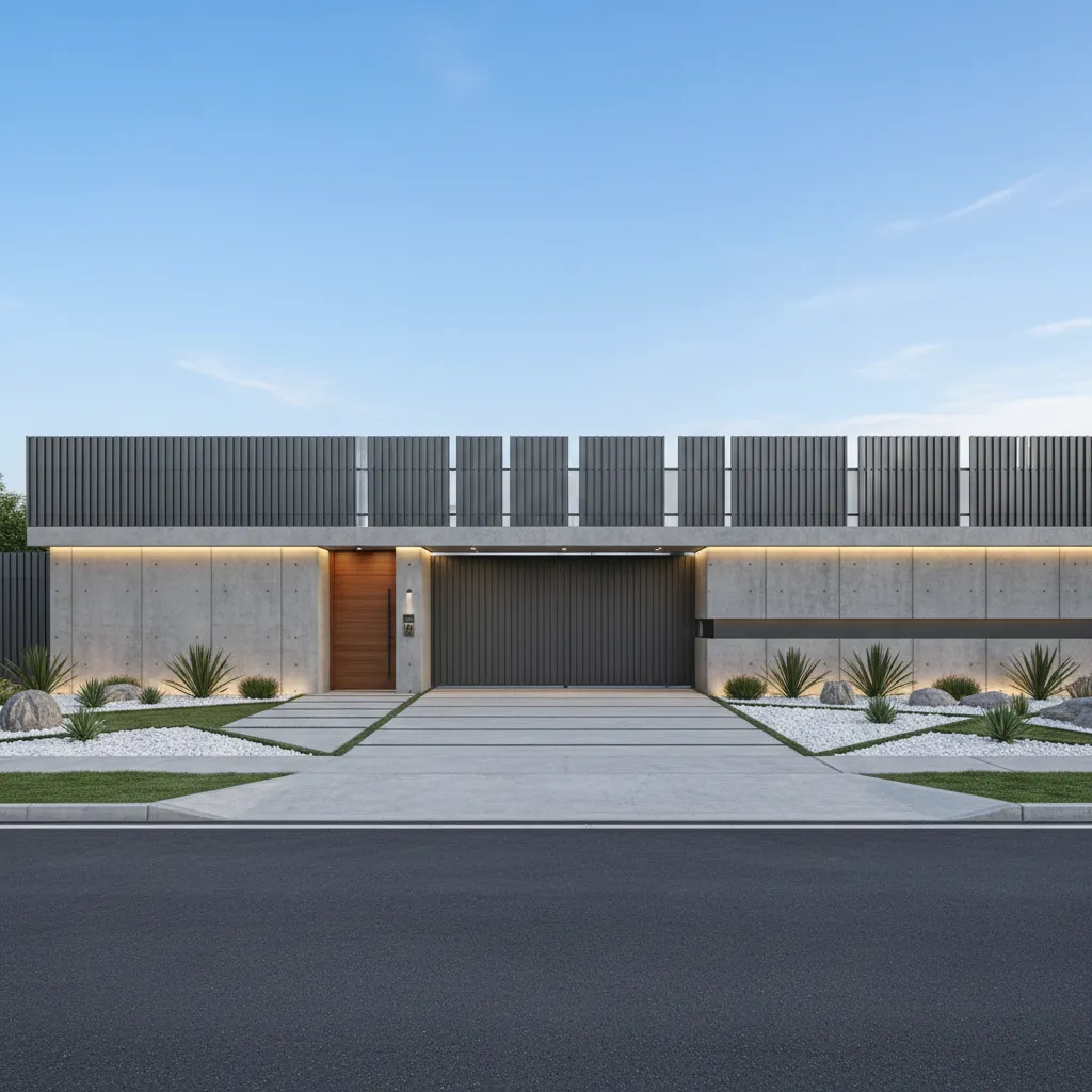 hybrid compound wall combining concrete base with metal panels in modern home