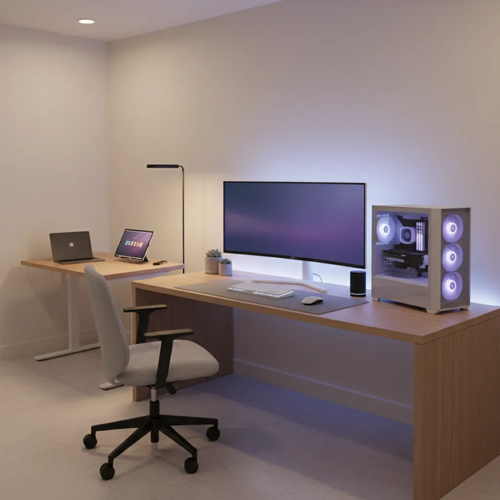 Hybrid computer room with minimalist desk and subtle RGB lighting
