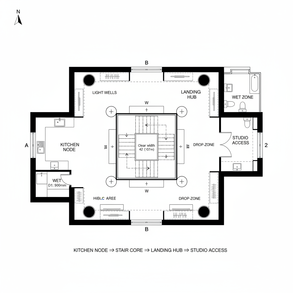 Designing a Two-Floor Plan with Pillars: Flow, Sightlines, Storage