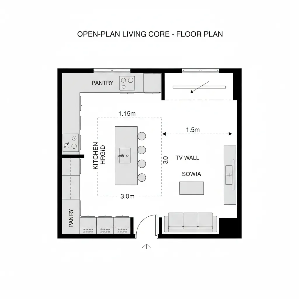 Top-down 2D CAD plan of open kitchen and lounge with island and balcony