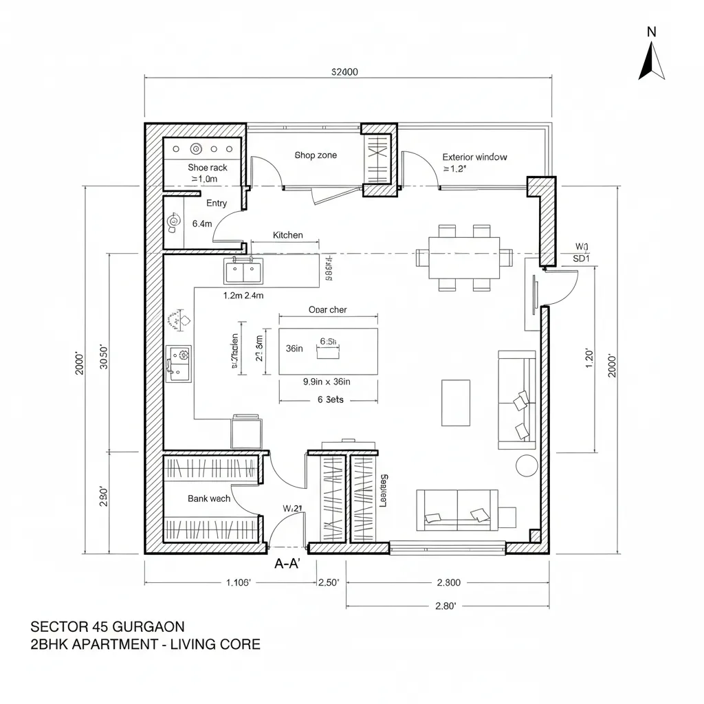 Top-down CAD plan of hybrid living core with island, dining, lounge, and balcony