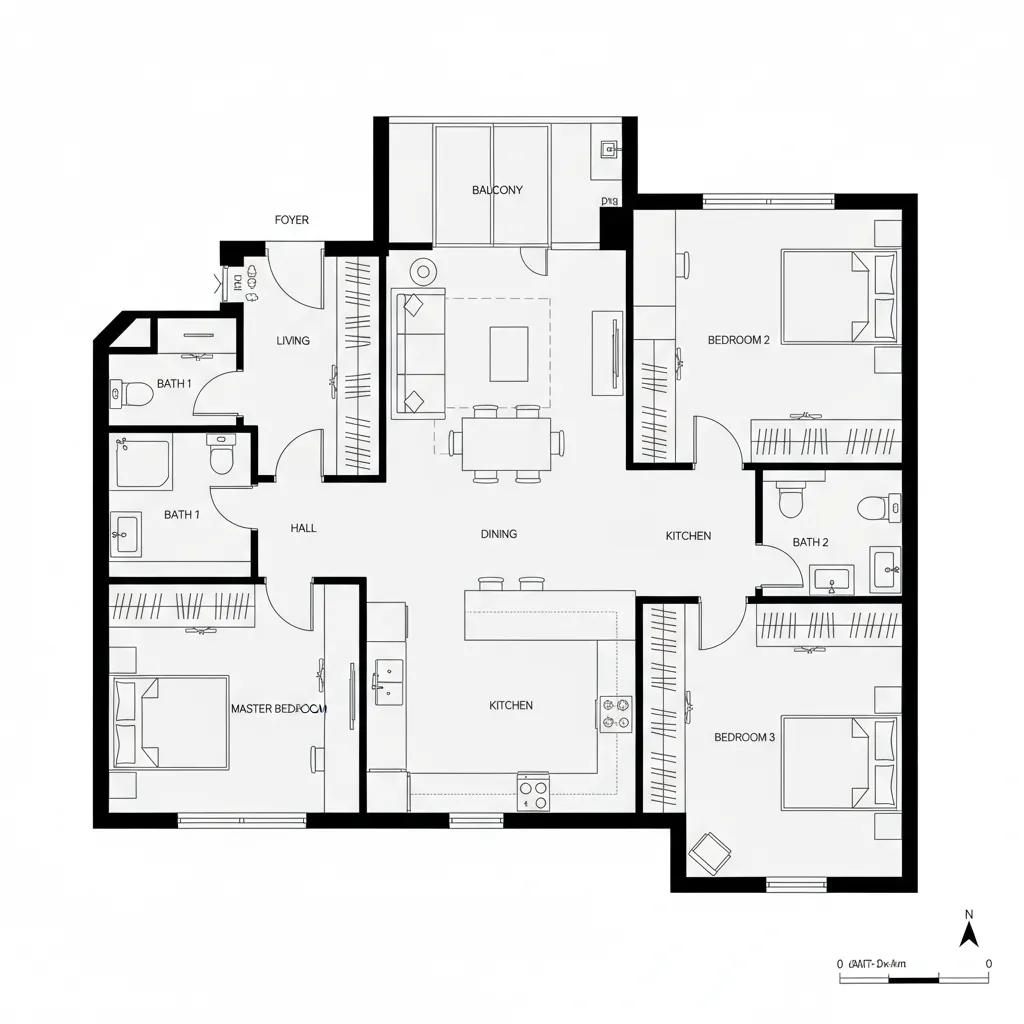 Top-down 2D CAD plan with central living-dining core, bedrooms on perimeter, and balcony axis.