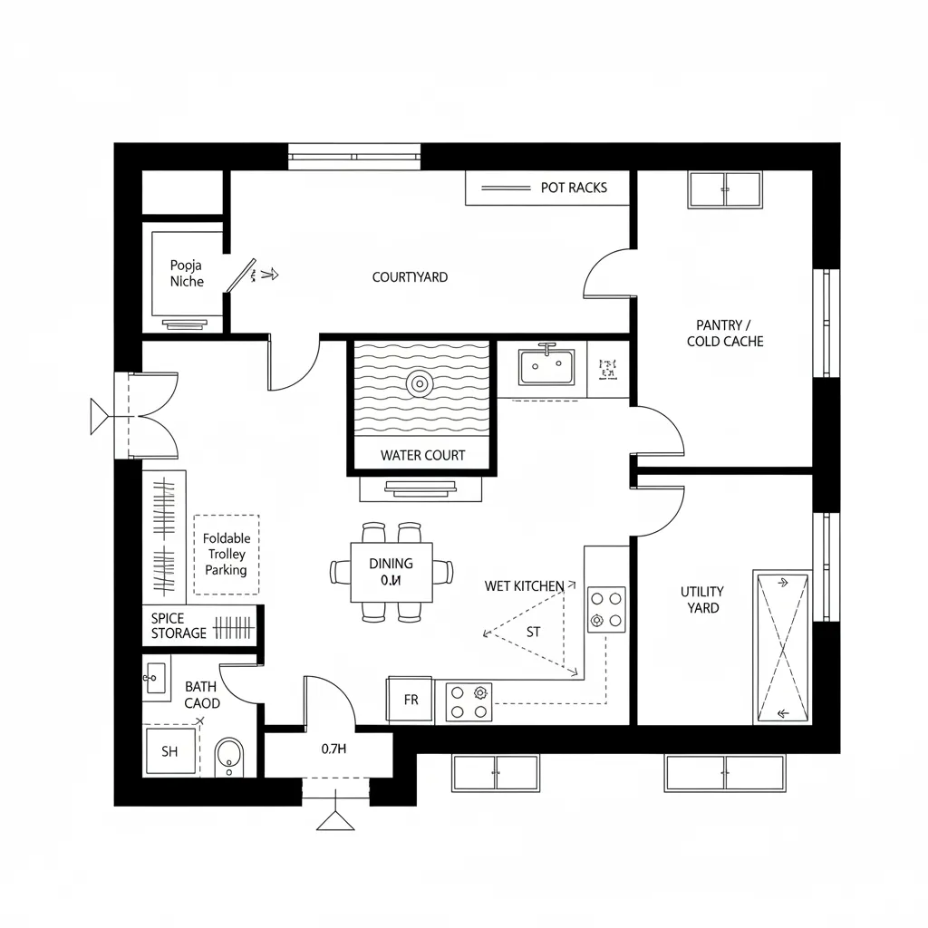 Top-down plan of pooja niche, water court, and service kitchen loop