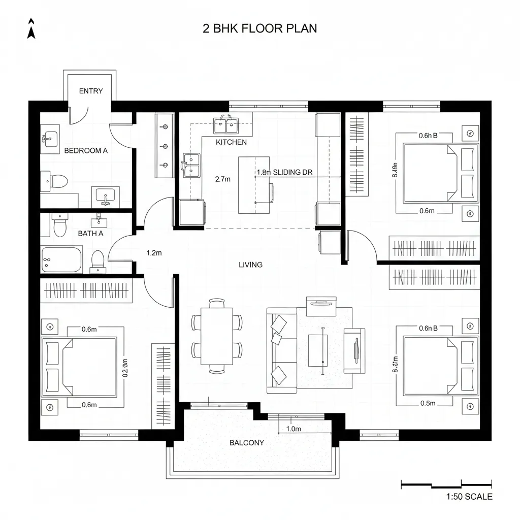 Standard two bedroom apartment room layout with kitchen island living area dining table and private balcony
