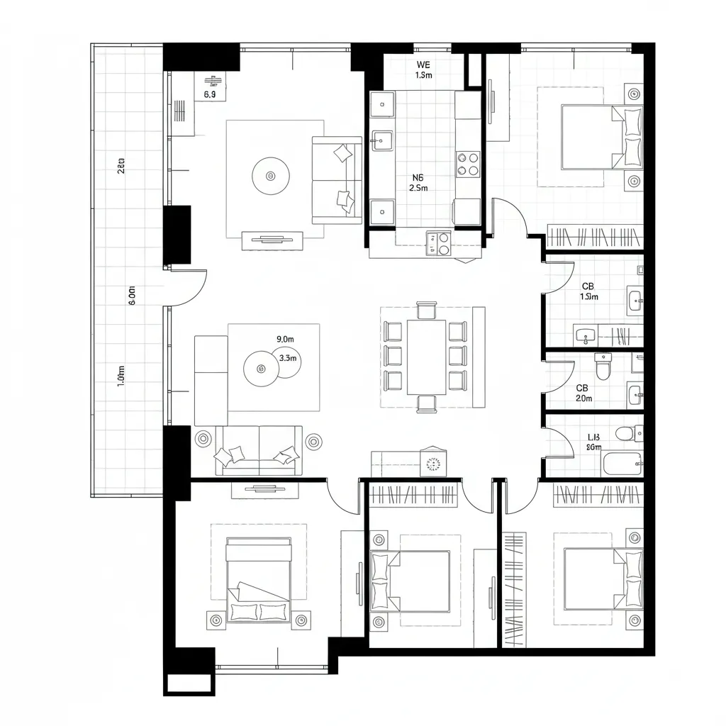 Top-down CAD floor plan with central living-dining core and split privacy bedrooms