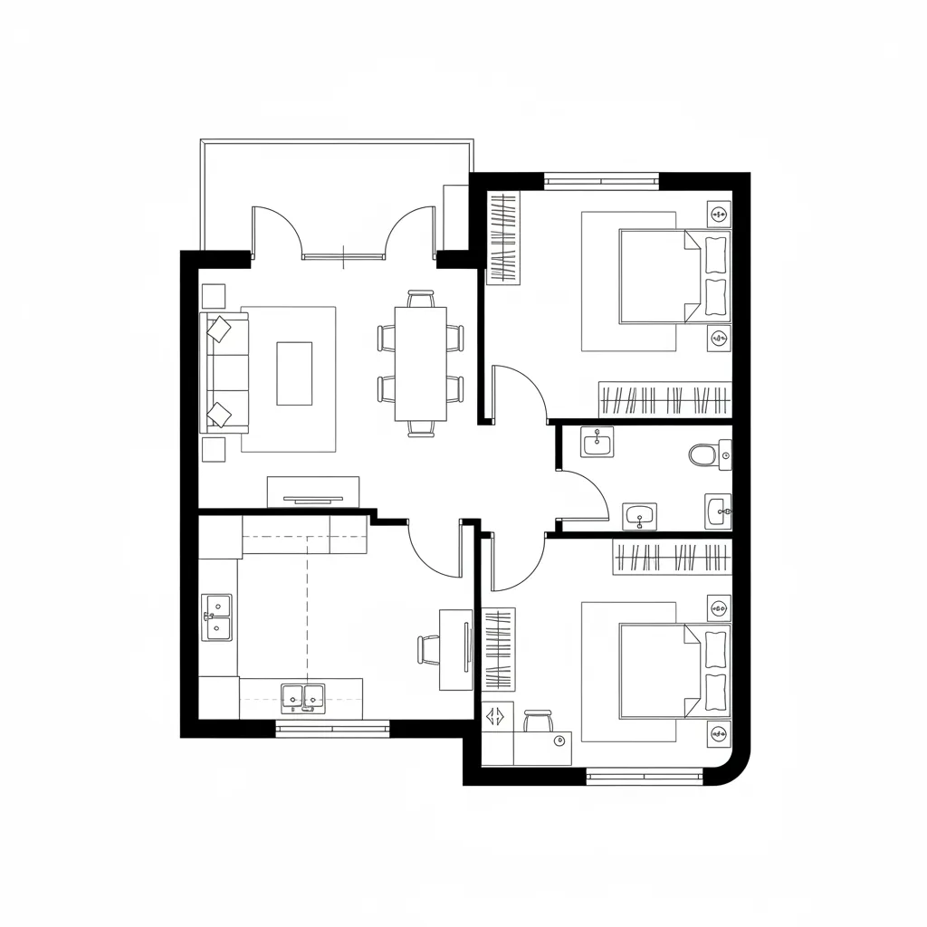 Two bedroom apartment floor plan with sofa dining table kitchen study area and two small bathrooms