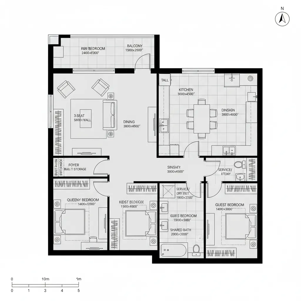 Top-down CAD floor plan showing a central living–dining hub with split private bedroom wings.