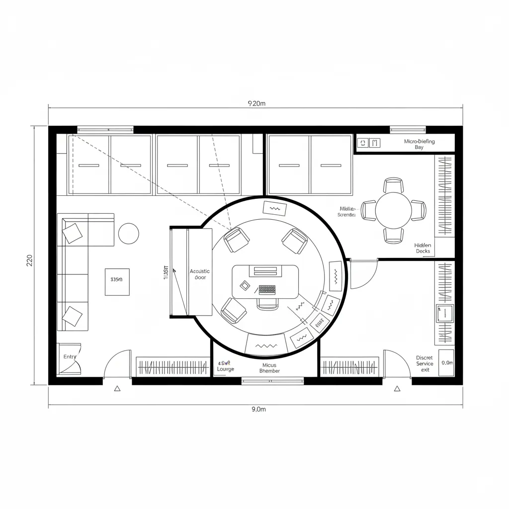 Top-down CAD plan of hybrid council suite with central quiet core and ring circulation