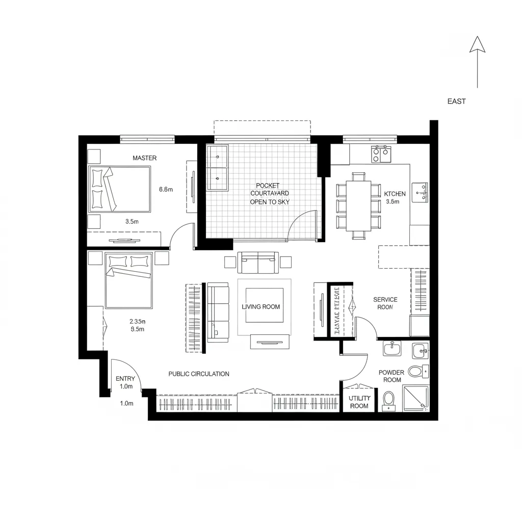 Top-down CAD plan showing entry-to-living spine with pocket courtyard buffer