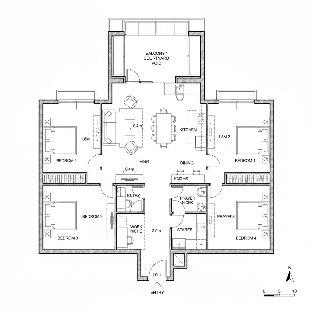 Floor plan showing four bedrooms and central living room with a large balcony and courtyard area