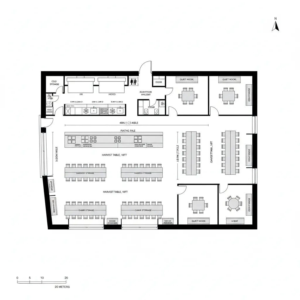 Hybrid Dining Lab (Cookline–Communal–Quiet Nooks)