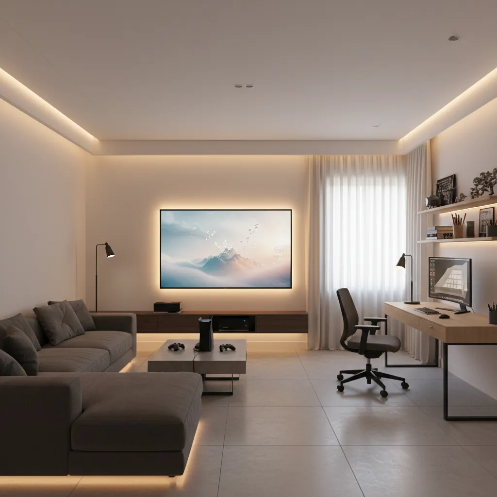 Hybrid entertainment room combining gaming area, screen wall, and hobby desk