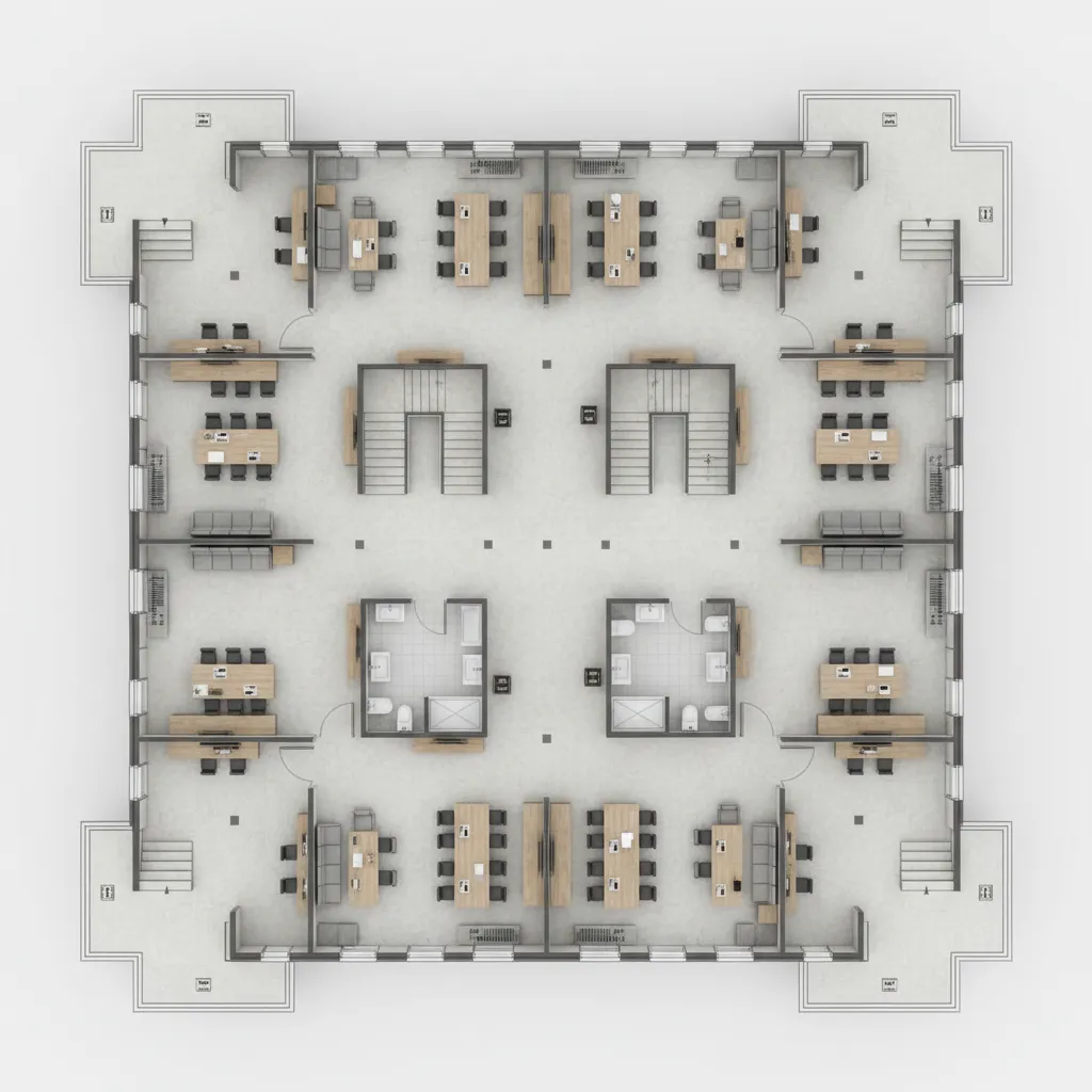 Hybrid exit layout combining central core and perimeter exits