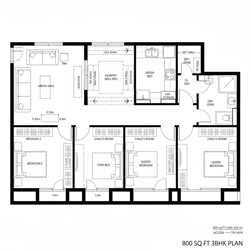 Modern floor plan for a three bedroom apartment including a media wall and a flex room