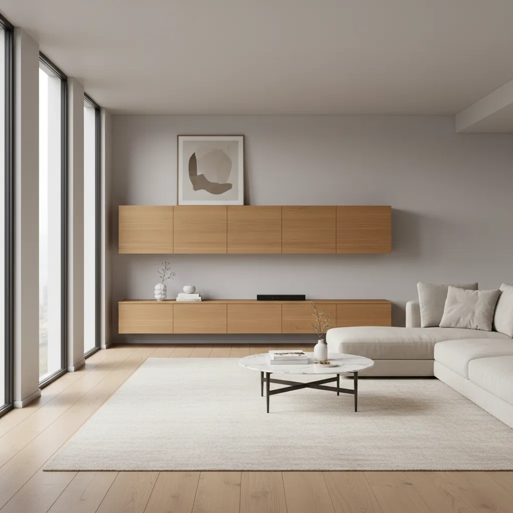 Hybrid hall storage with floating cabinet and low console unit