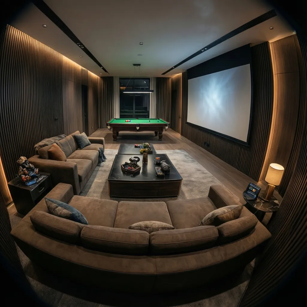 Hybrid entertainment room combining home theater seating and gaming zone