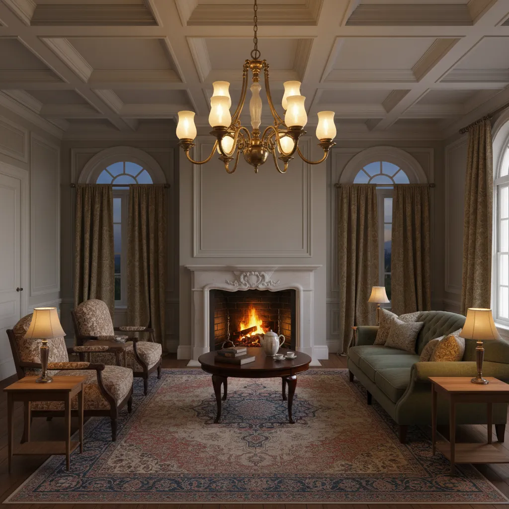 restored antique gas chandelier retrofitted with electric bulbs in historic living room