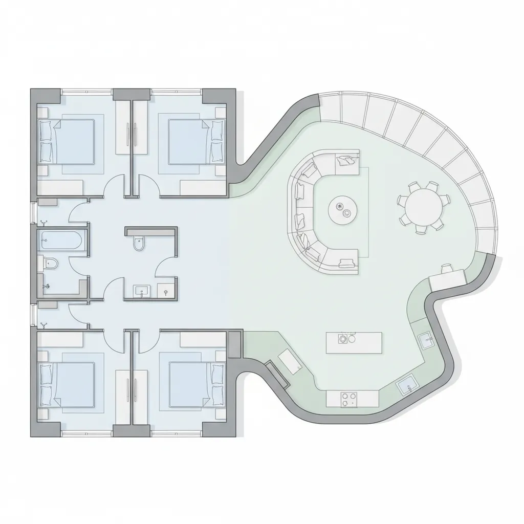 Hybrid house layout combining grid bedroom areas with curved living spaces