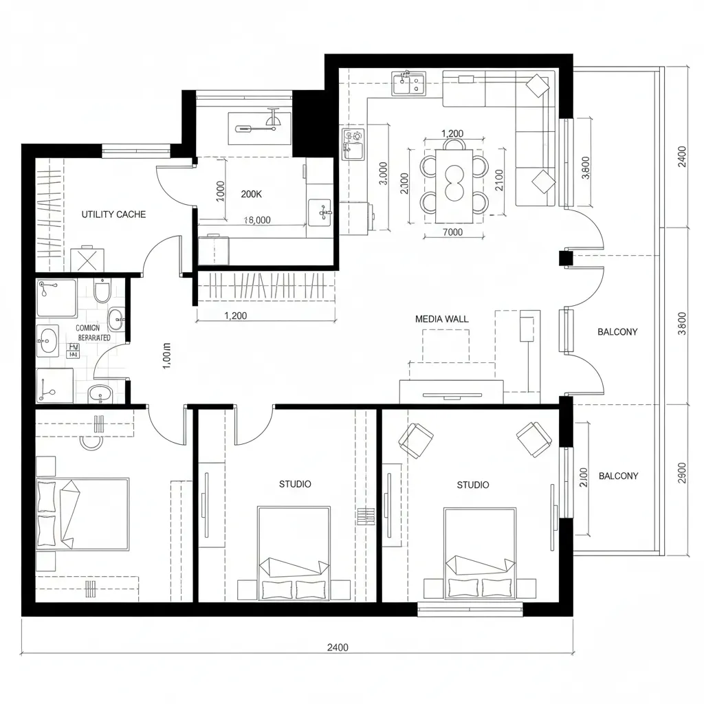 2D CAD plan of an east-facing unit with flexible grid partitions forming a studio-bedroom hybrid
