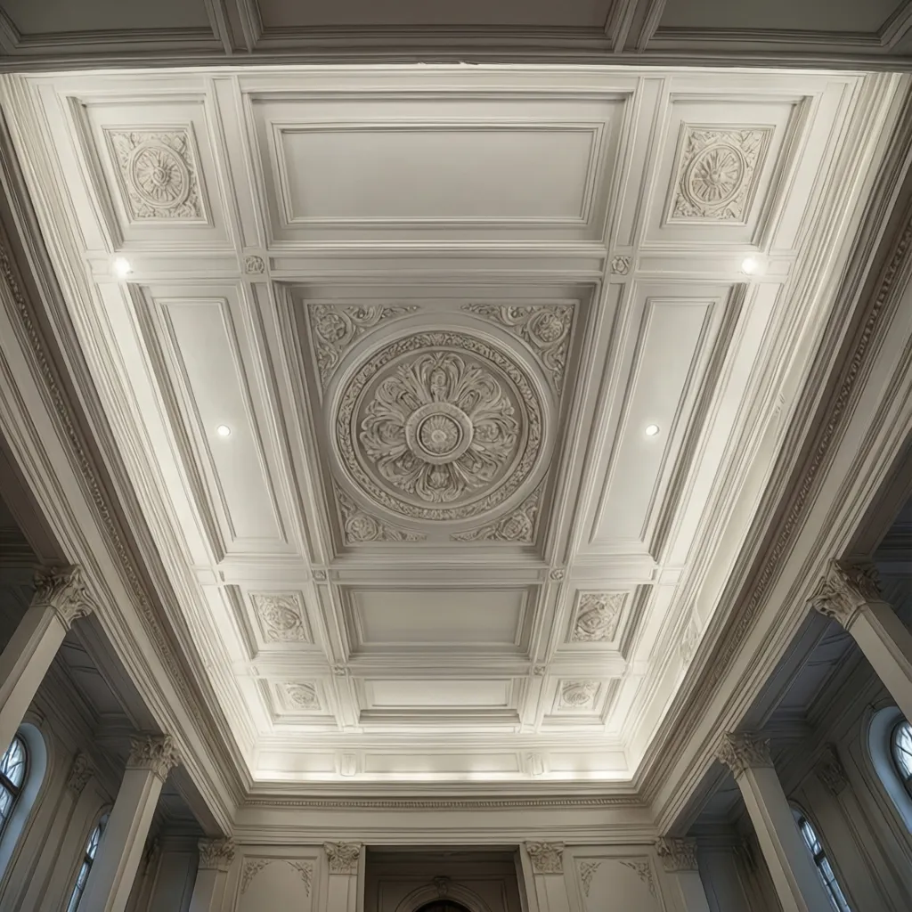 Hybrid gypsum and POP ceiling design in a large religious hall