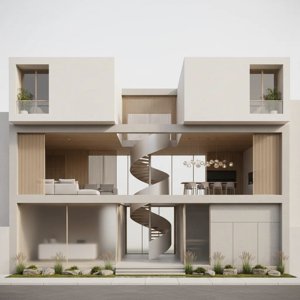 3-Bed Residence + Ground-Floor Office, Drawn From the Near Future: A 3BHK plan where the workspace lives downstairs and the home breathes upstairs