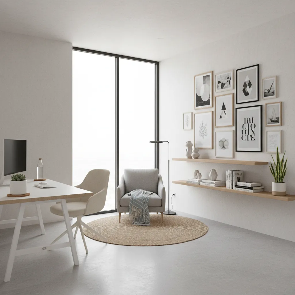hybrid home office combining minimalist desk area with creative inspiration wall