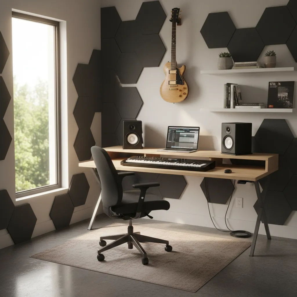 small hybrid home office music studio with desk, laptop, midi keyboard and wall mounted guitar