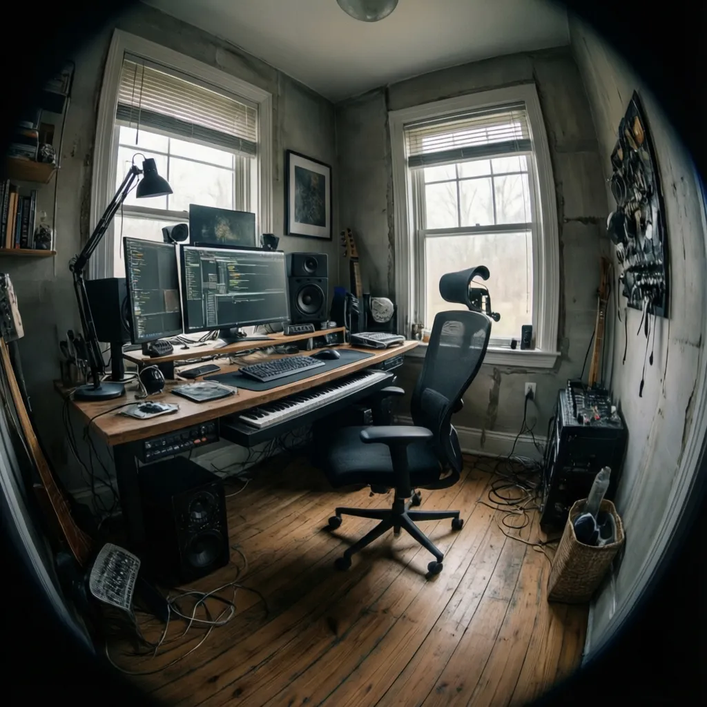 Small hybrid home office and music studio setup with desk and speakers