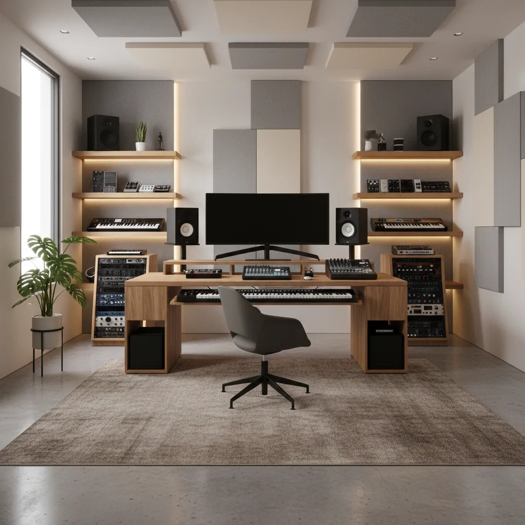 Overview of a hybrid home office and music production room layout