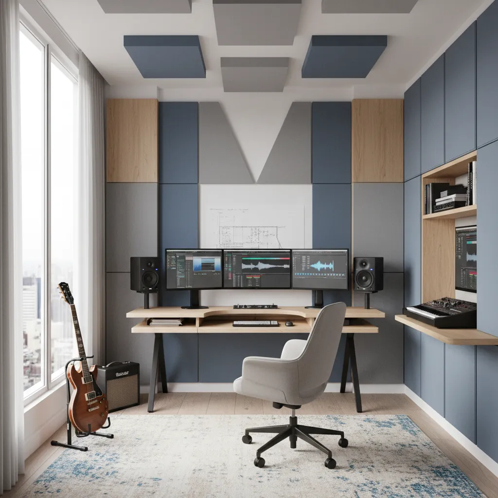 Hybrid home office and music studio workspace with desk and instruments
