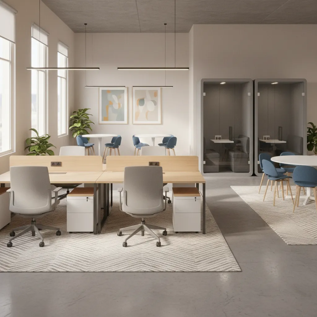 Hybrid insurance office workspace with shared desks and acoustic booths