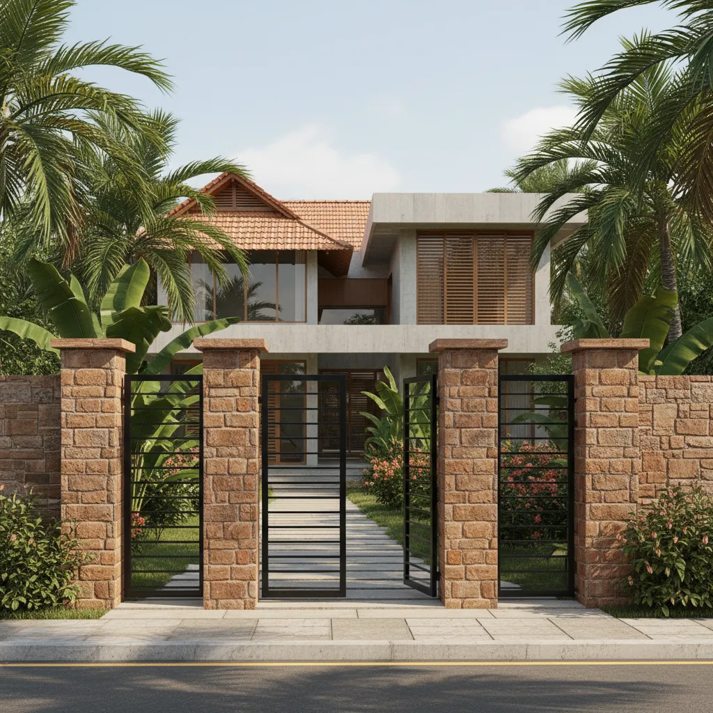 Hybrid Kerala entrance design combining laterite wall pillars with modern steel gate