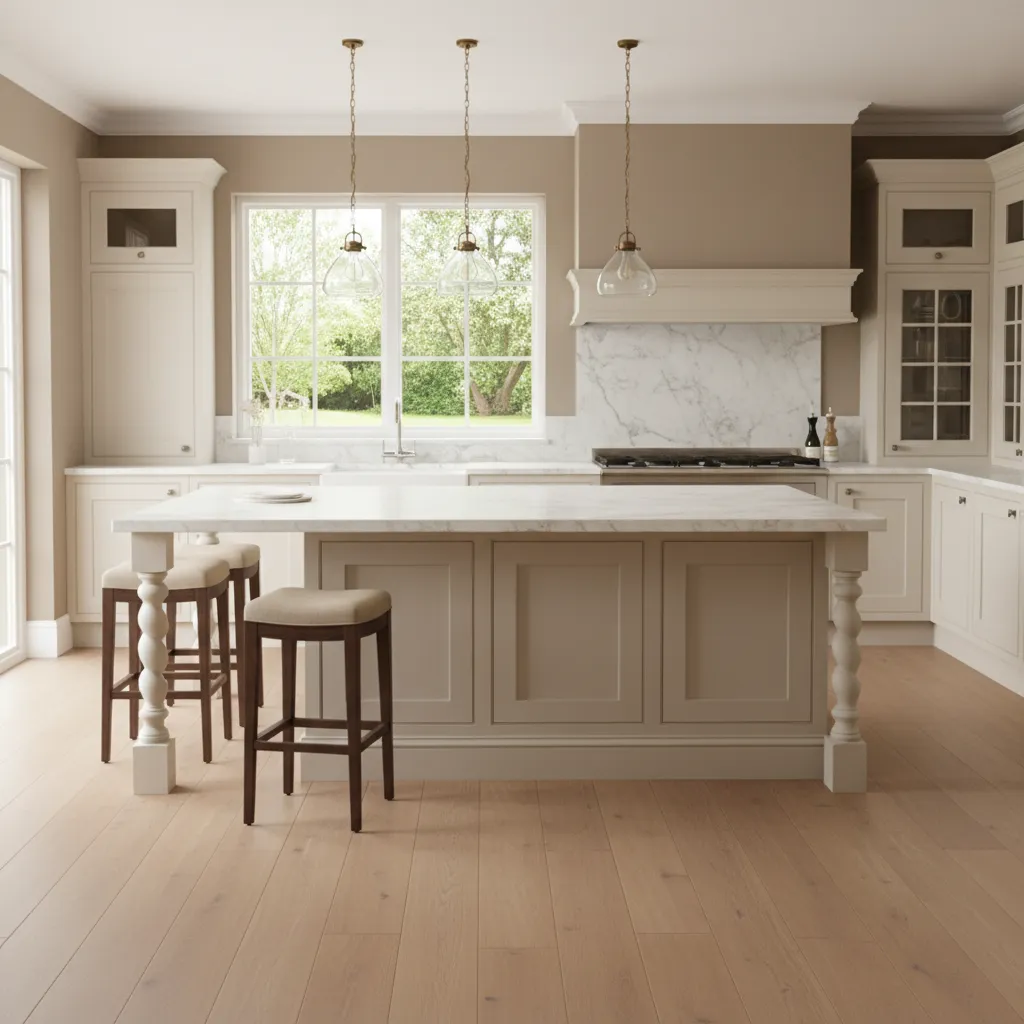 Classic beige kitchen island with marble countertop and decorative legs featuring three wooden bar stools