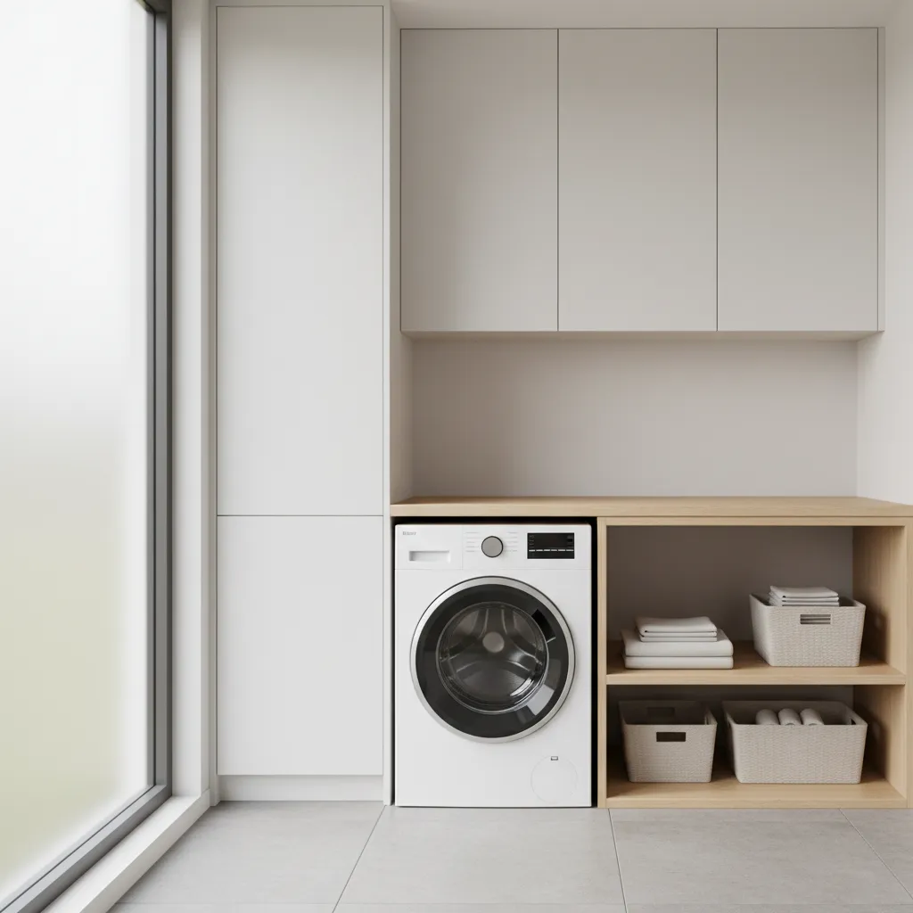 Hybrid laundry cabinet layout with narrow side cabinet and overhead storage above washer