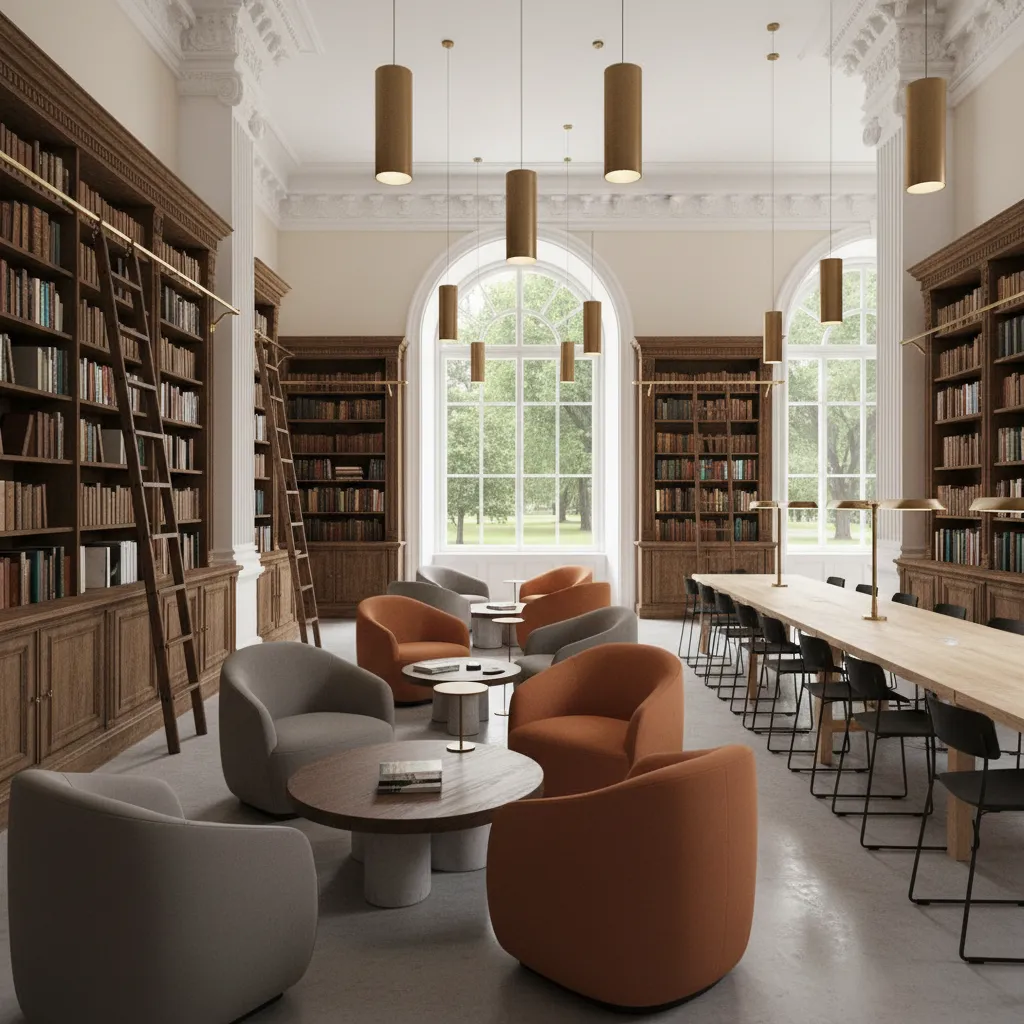 hybrid library interior combining modern seating with classic wood shelving