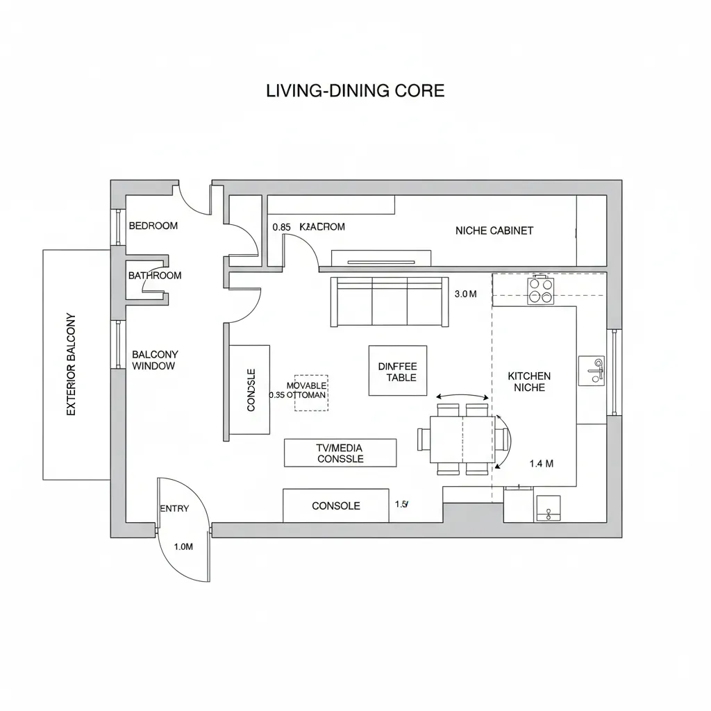 Top-down 2D plan of hybrid living–dining with sliding partition and balcony window
