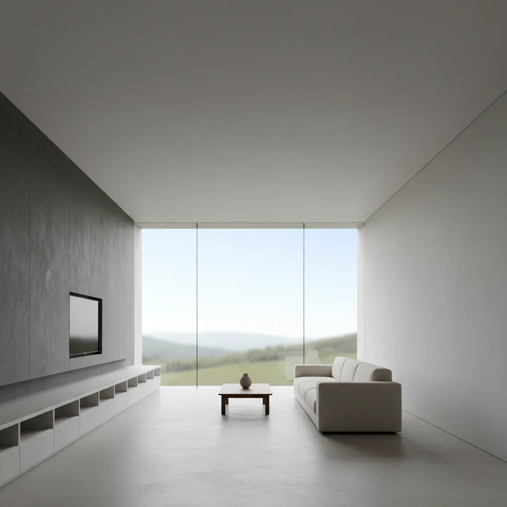 Simple Living Room Floor Plan, Rendered for the Near Future: A minimalist shell tuned like an interface for everyday bandwidth and tomorrow’s rituals