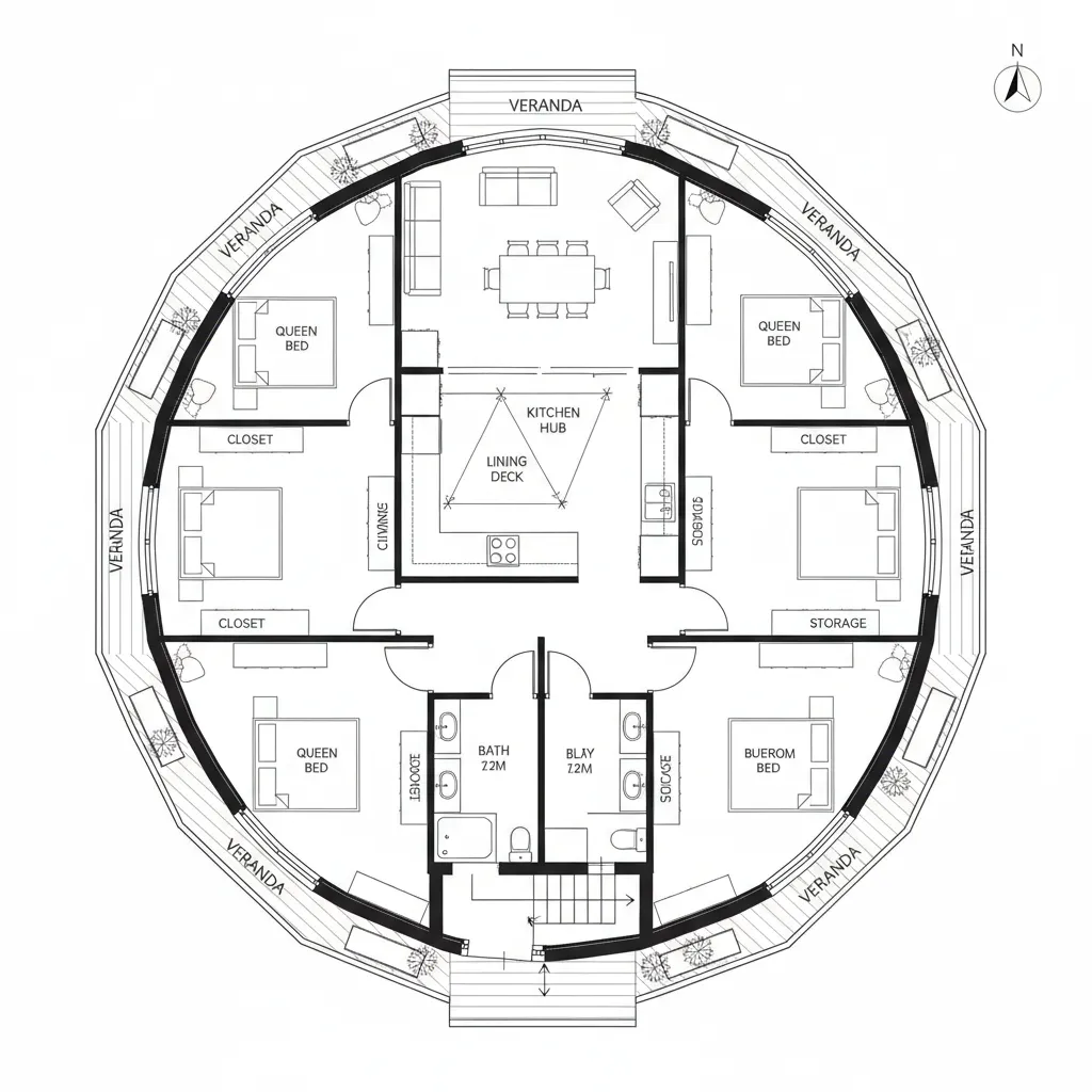 Top-down CAD plan of indoor–outdoor living ring with verandas and pocket gardens