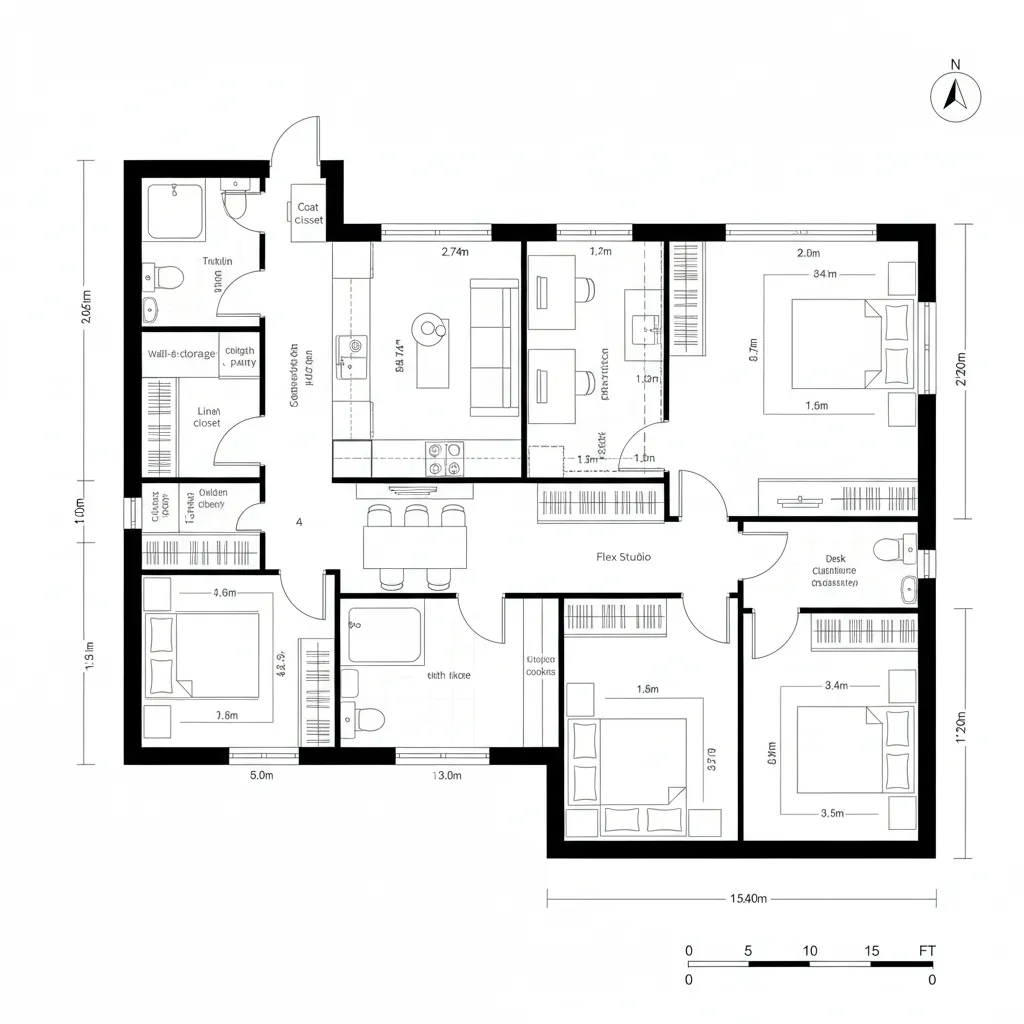 Top-down CAD floor plan of compact 3-bed with glazed flex studio and clear circulation loop
