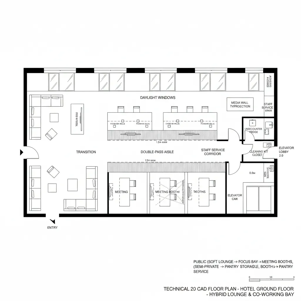 Top-down CAD plan of hybrid lounge with co-working bay and booths