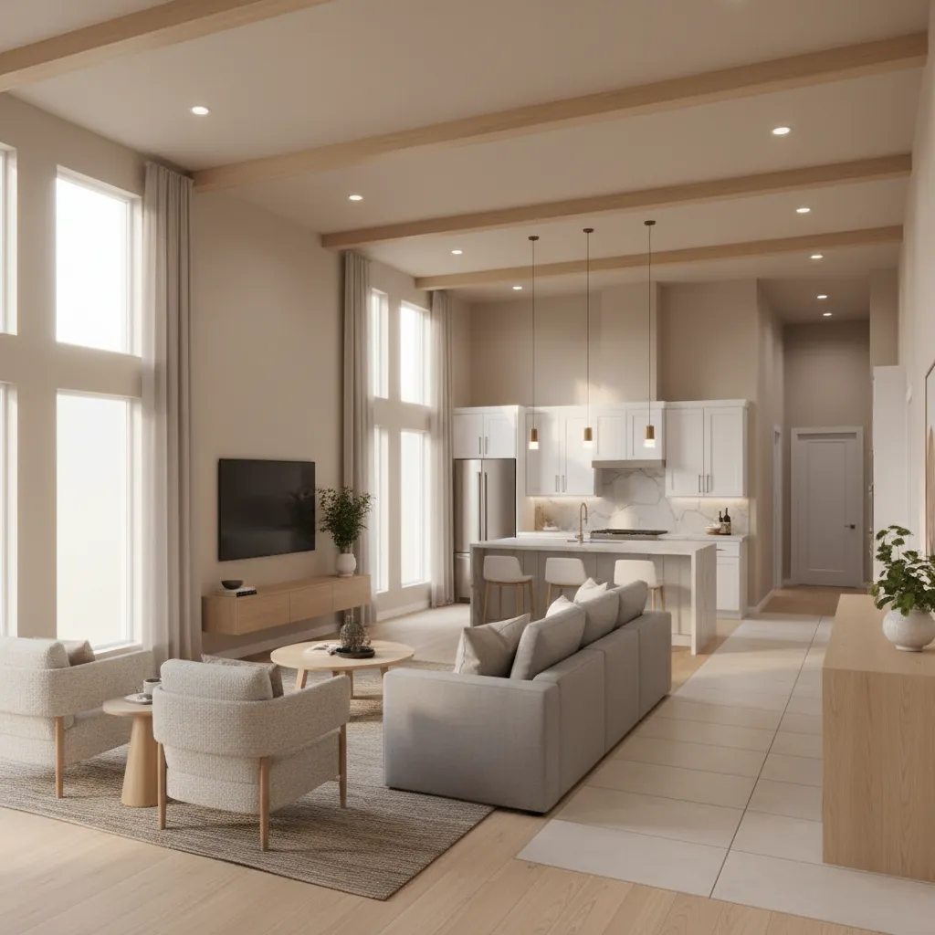 Hybrid manufactured home layout with open living area and separated bedrooms