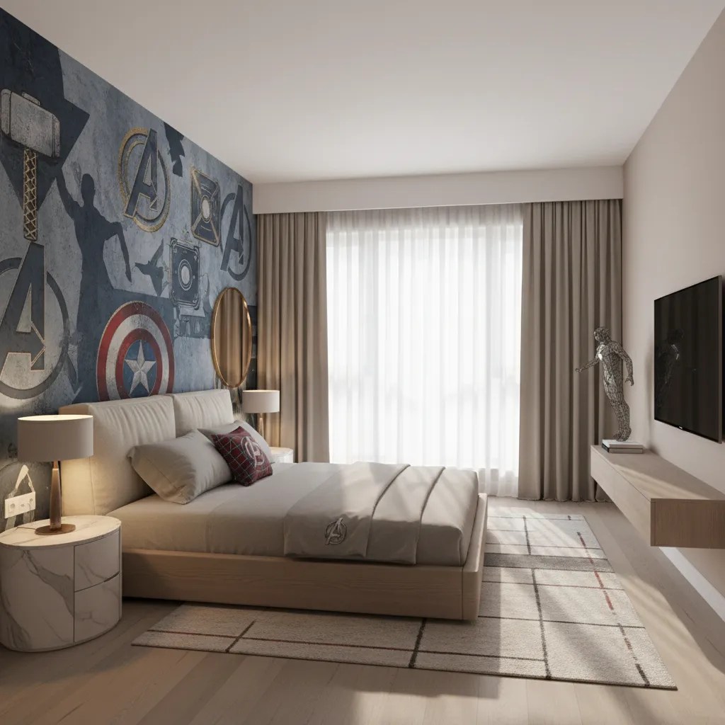 hybrid marvel bedroom combining minimalist decor with one superhero feature wall