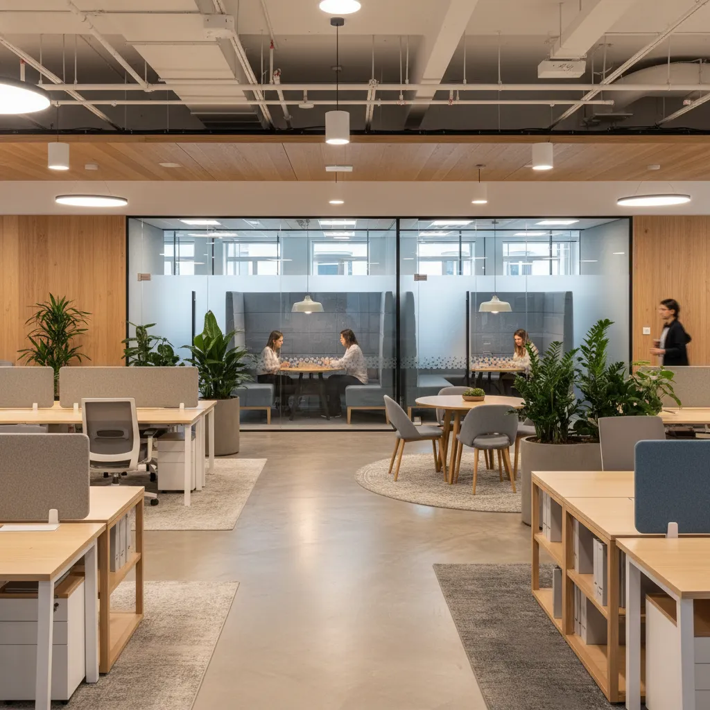 Modern open office with wooden desks green plants and glass meeting rooms for private areas