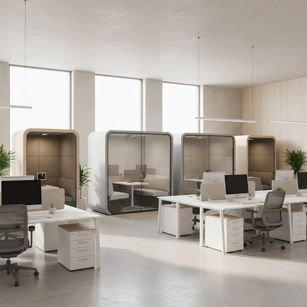 Modern office interior with white desks grey chairs computers plants and private glass meeting booths