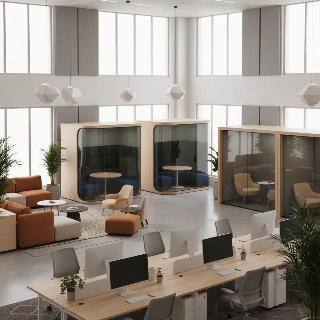 hybrid office layout with open desks quiet rooms and meeting pods