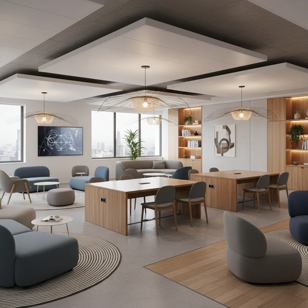 Hybrid office lounge space with adjustable layered lighting for work and relaxation