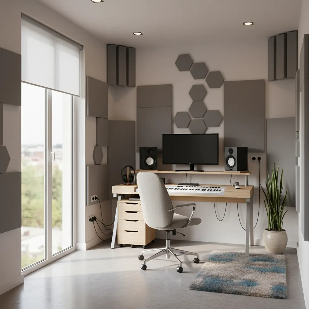 Small room hybrid office and music studio desk setup