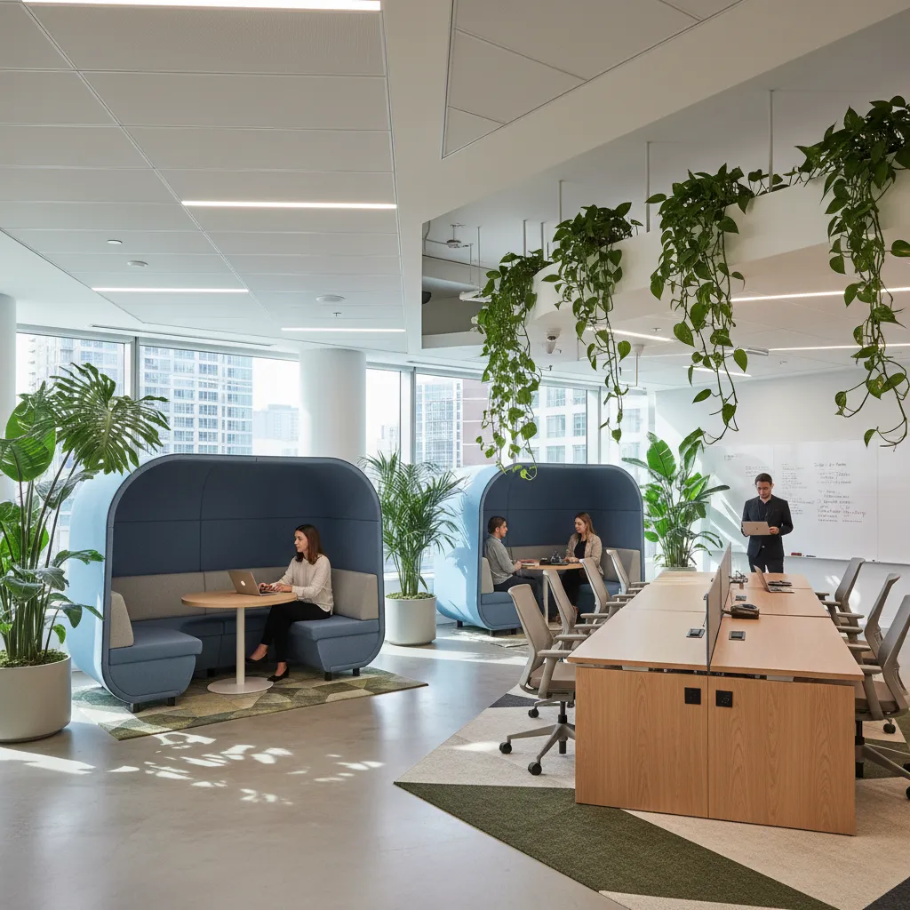 Modern office space with blue privacy pods wooden tables green indoor plants and large windows