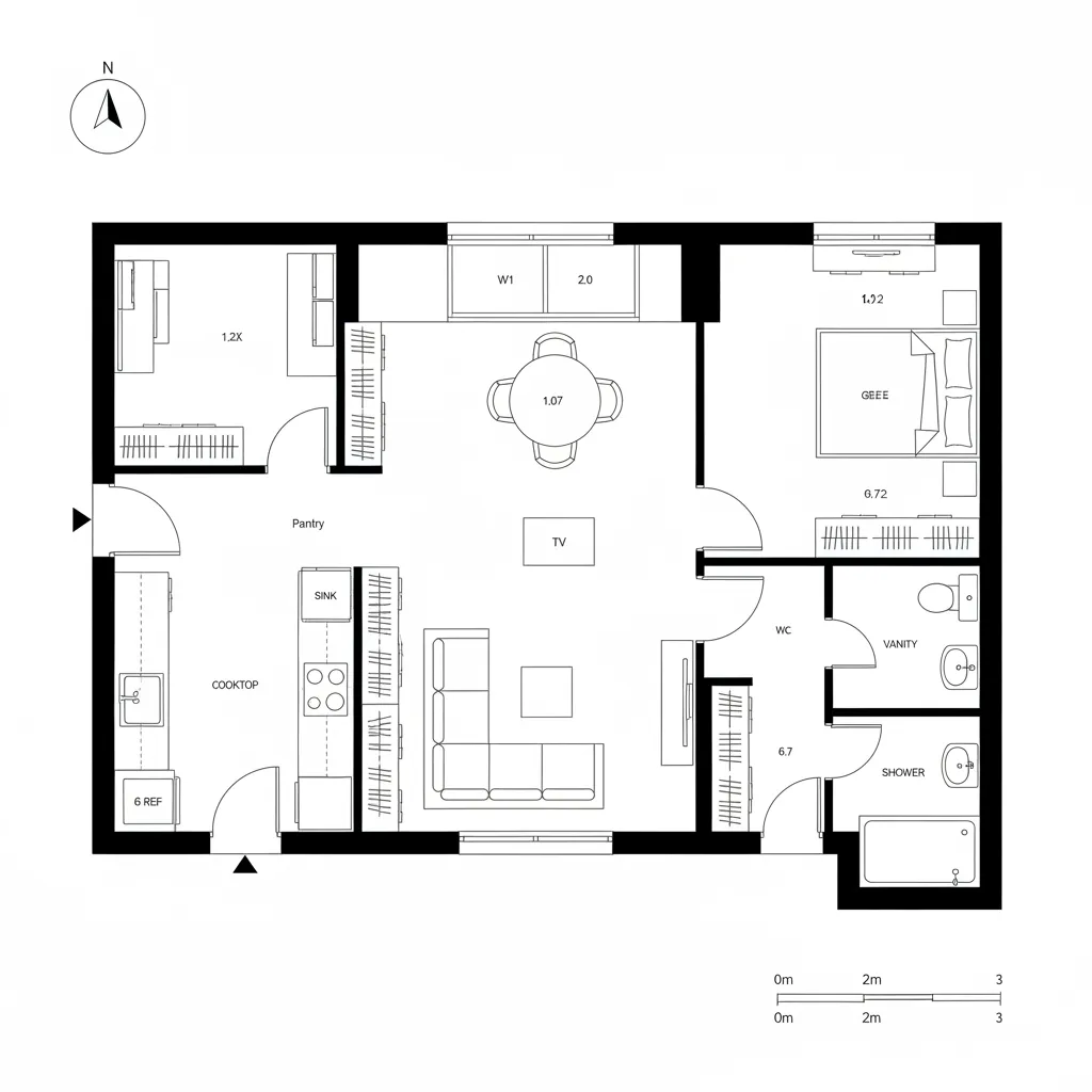 Top-down 2D CAD plan of a one-bedroom with entry flex niche buffer and clear public-to-private flow