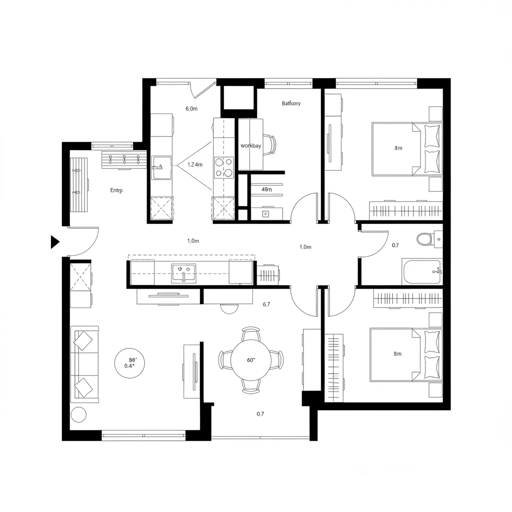 Modern floor plan layout showing kitchen dining area living room two bedrooms and a bathroom